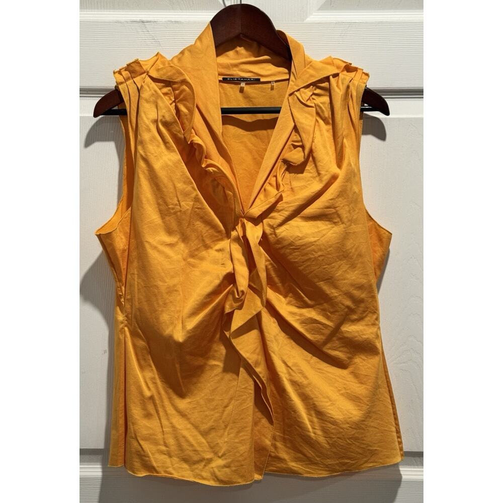 Elie Tahari Sleeveless Ruffled Neck Blouse Orange Cotton Blend Size L